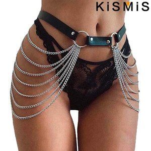 Punk Black Waist Chain Belt Leather Layered Belly Body Chain